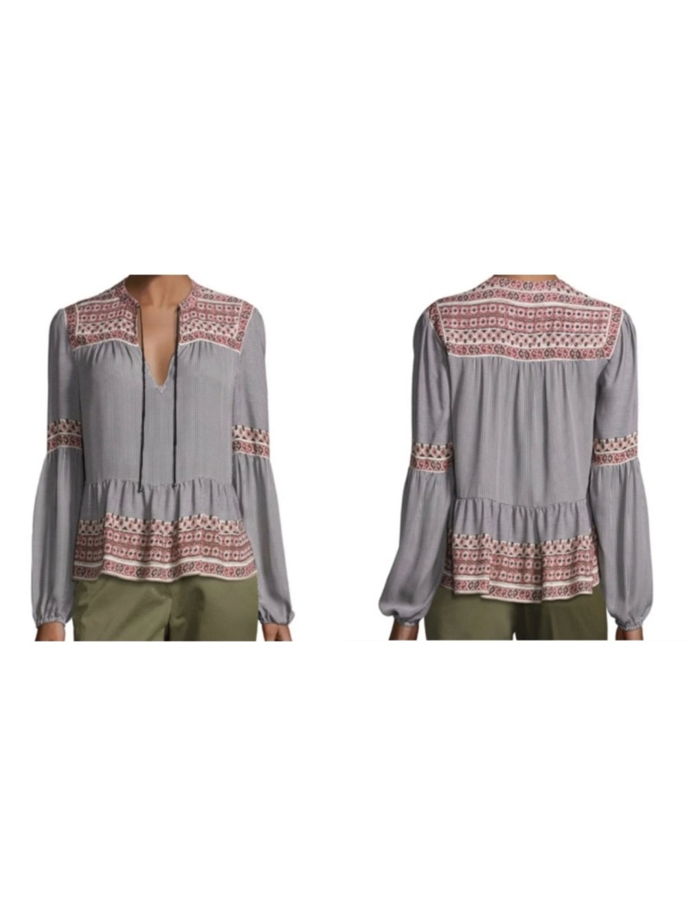 VERONICA BEARD | "Rosie" Boho Peasant Blouse in Gingham Paisley Print | Size US2